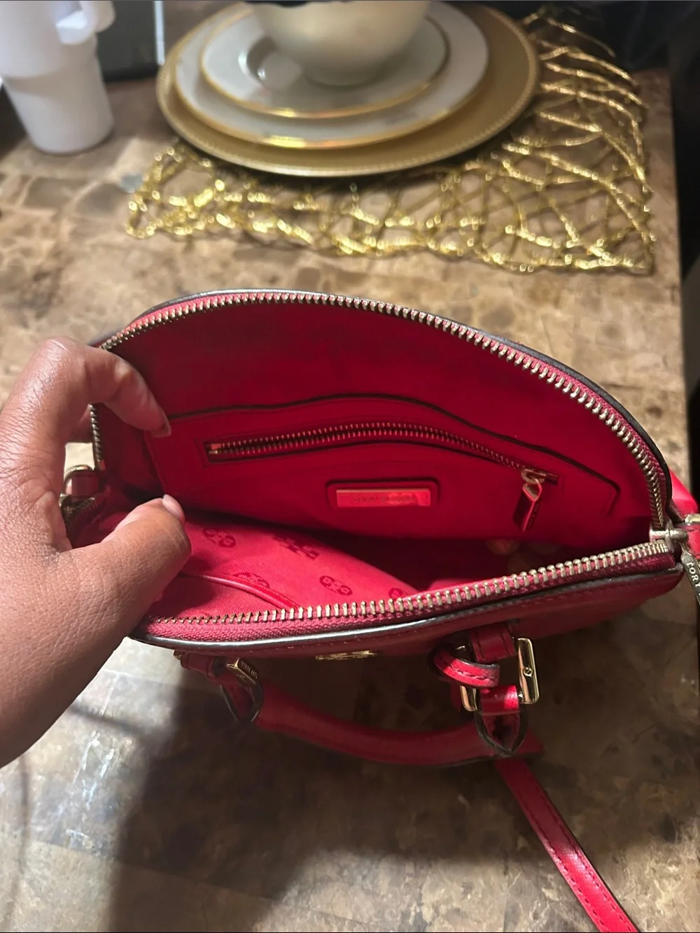 Tory Burch Red Saffiano Leather Mini Satchel with Gold Hardware